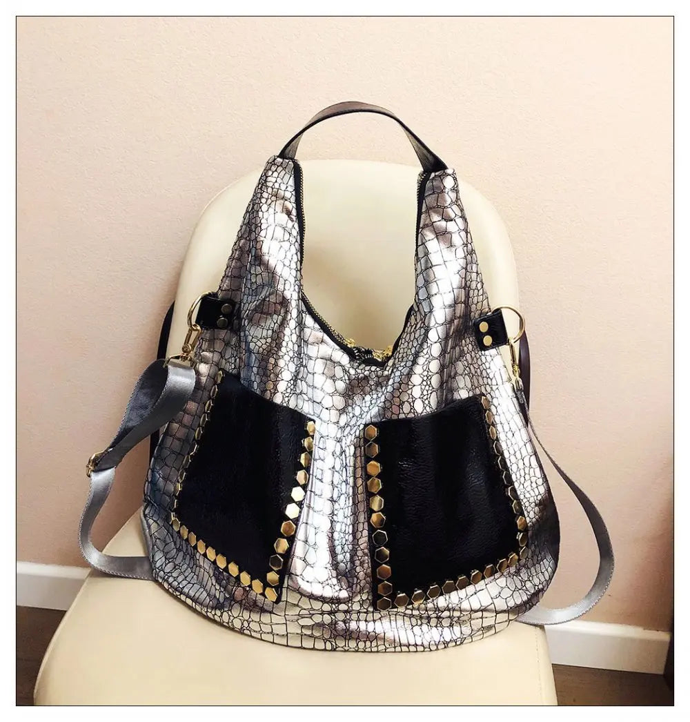 Alligator Rivet Vegan Leather Tote Bag